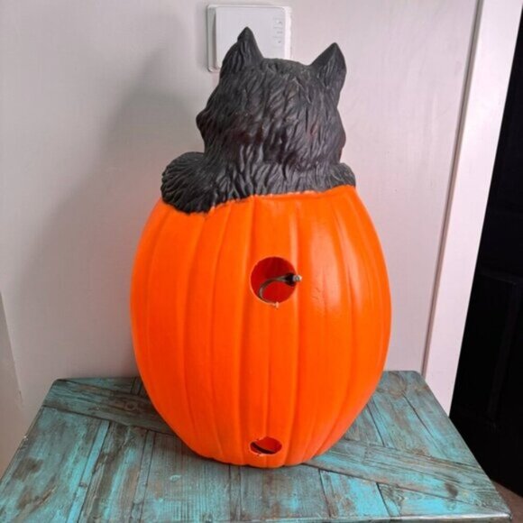 Vintage 90s Halloween Blow Mold Pumpkin Black Cat Jack-O-Lantern - Picture 9 of 15